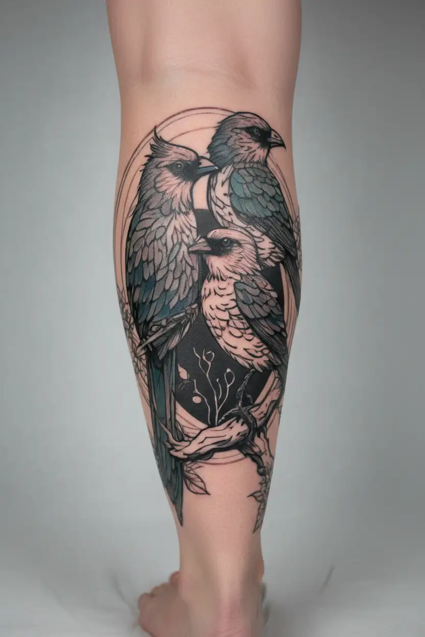 Two birds that care and protect their young, where the male is dominant. tattoo design idea