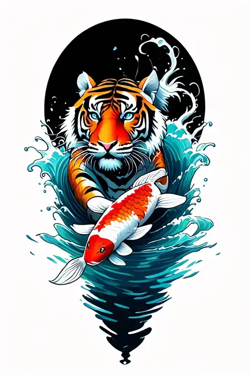 tiger and koi swimming through water waves tattoo design idea