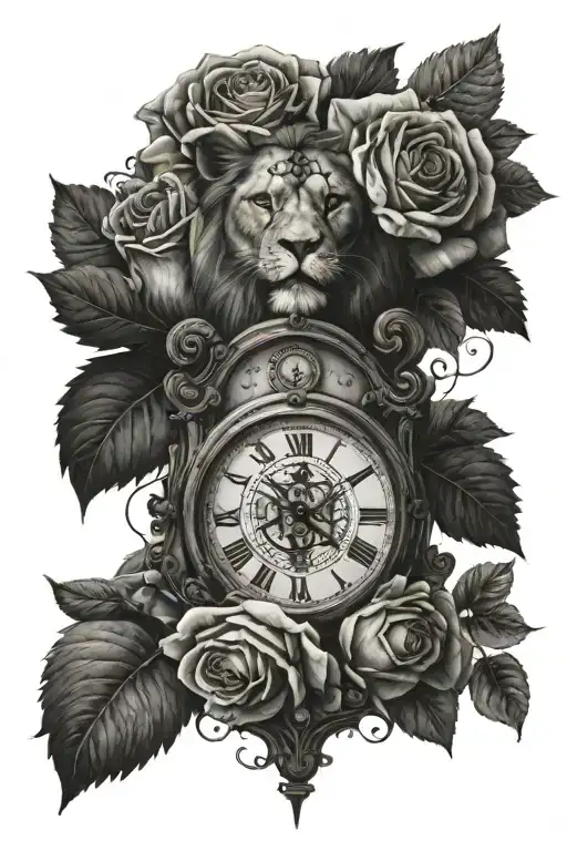 roses, broken clock, cross, lion face tattoo design idea