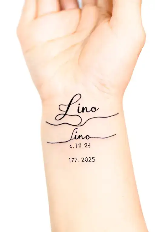 Mother child tatto with the name and date of birth of the child: Lino 17.01.2025 tattoo design idea