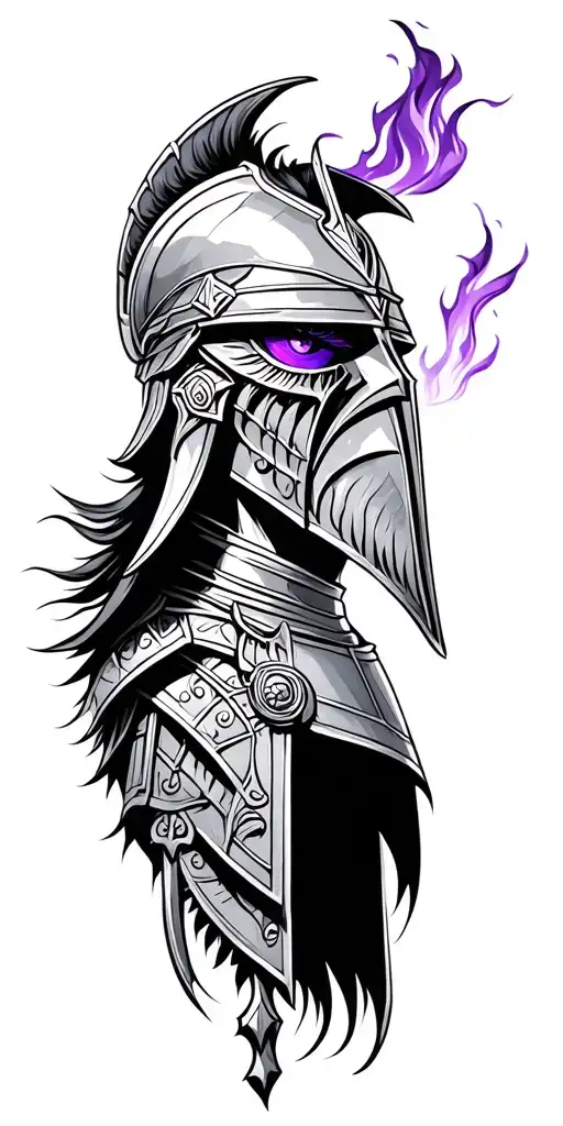 Trojan soldier with purple flaming eyes tattoo design idea