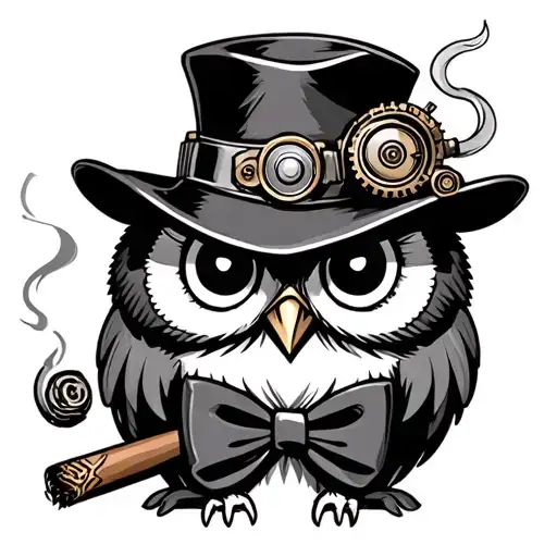 Steampunk owl with hat, bow tie, and smoking cigar tattoo design idea