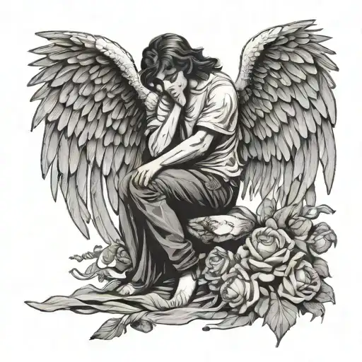 fallen angel who loses his wings and falls into the void crying for deceased friends tattoo design idea