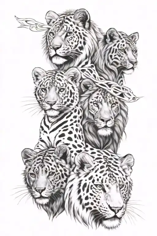 1 male leon and 1 female leon and 3 little leon con corona tattoo design idea