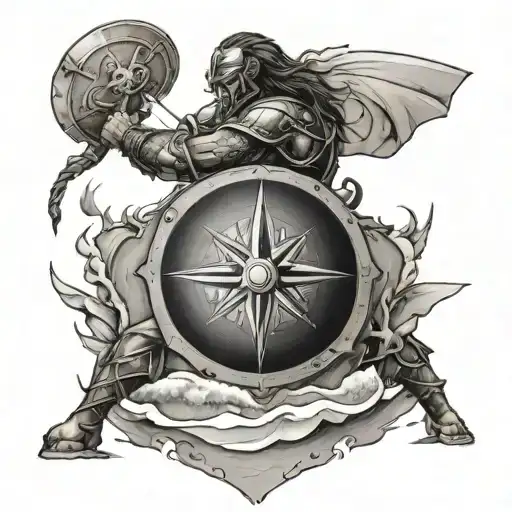 A beach scene with a warrior holding a shield shaped like a compass tattoo design idea