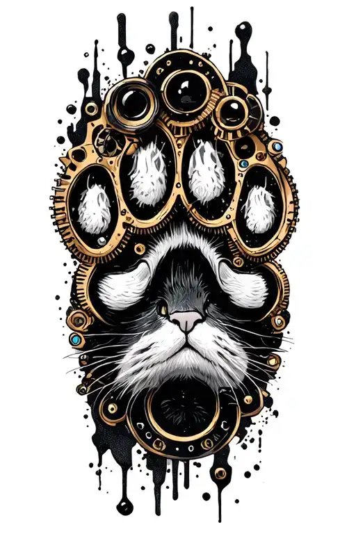Steampunk Cat paw print surrounded tattoo design idea