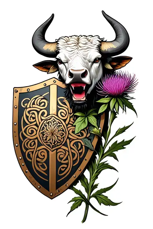 celtic shield with as bull's head holding a thistle flower tattoo design idea