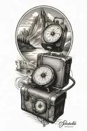 travel tattoo featuring compass, vintage suitcase, postcard, mountains tattoo design idea