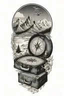 travel tattoo featuring compass, vintage suitcase, postcard, mountains tattoo design idea