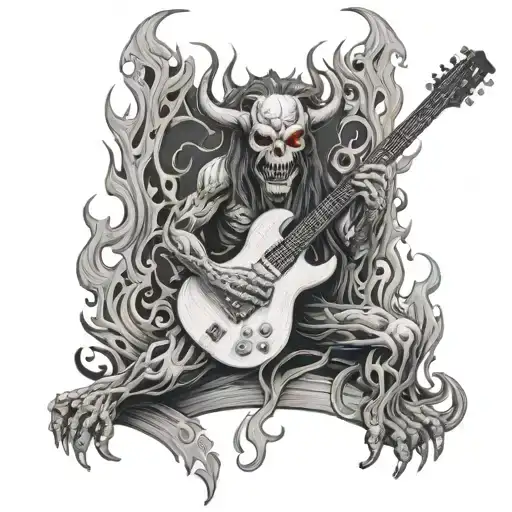 A demonic creature with a guitar for a body, surrounded by flames and smoke, capturing the essence of satanic imagery in heavy metal music tattoo design idea