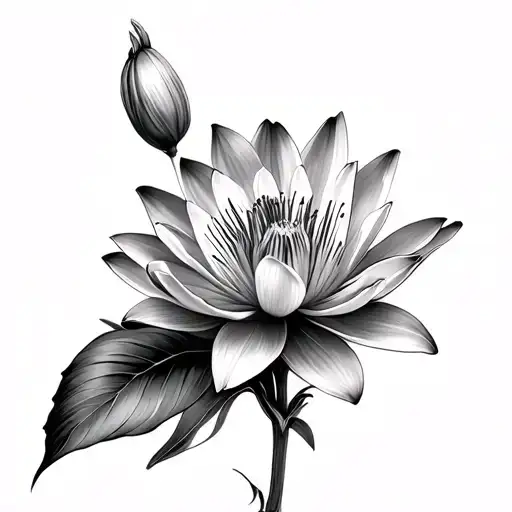 Still water lily, canna indica, golden celebration, lily of Incas, dampiera bouquet tattoo design idea