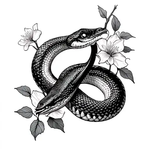 snake intertwined with tree flowers biting its tail tattoo design idea