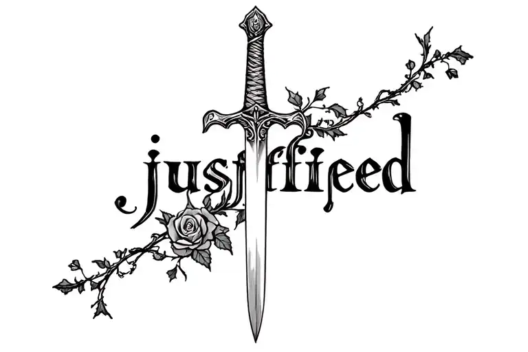 "justified" sword with rose and ivy vines tattoo design idea