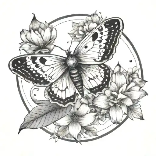 lunar moth, lotus flowers surrounding, mandala design incorporating tattoo design idea