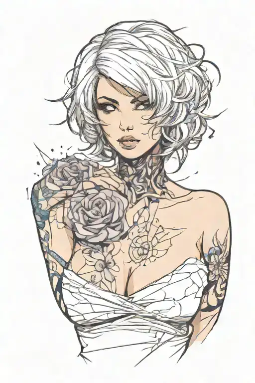 Sexy girl, Huge boobs, cleavage, petite, torn clothing, short white bob hairstyle, waist up view tattoo design idea