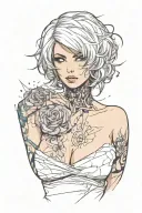 Sexy girl, Huge boobs, cleavage, petite, torn clothing, short white bob hairstyle, waist up view tattoo design idea