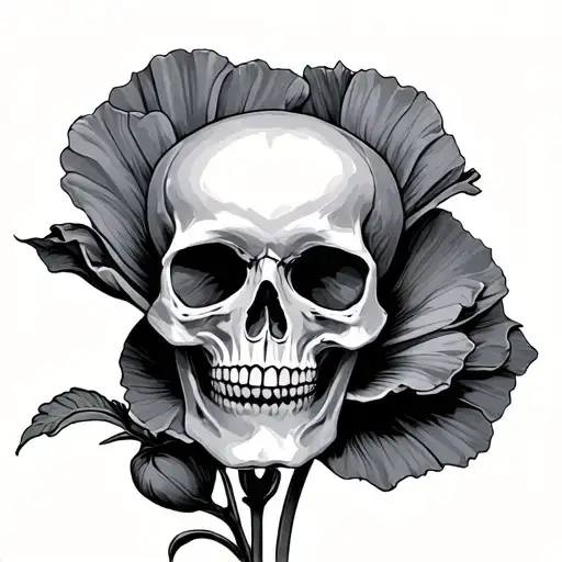 skull poppy flower tattoo design idea