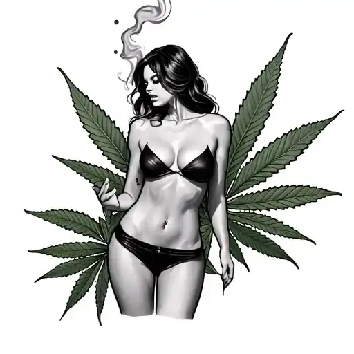 Show me a tattoo of a hot woman smoking marijuana on her butt, with marijuana leaves in the background. tattoo design idea
