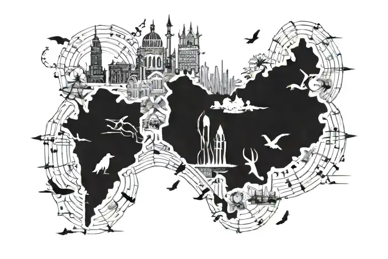 Incorporate the map of South Africa, musical imagery, and books, in a tattoo design tattoo design idea