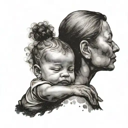 a siluet of mother holding her baby, view from the left shoulder tattoo design idea