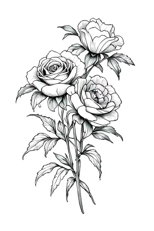 create a floral tattoo design of three flowers: An Iris, rose, and peony. make them fine line work. this tattoo will be  tattoo design idea