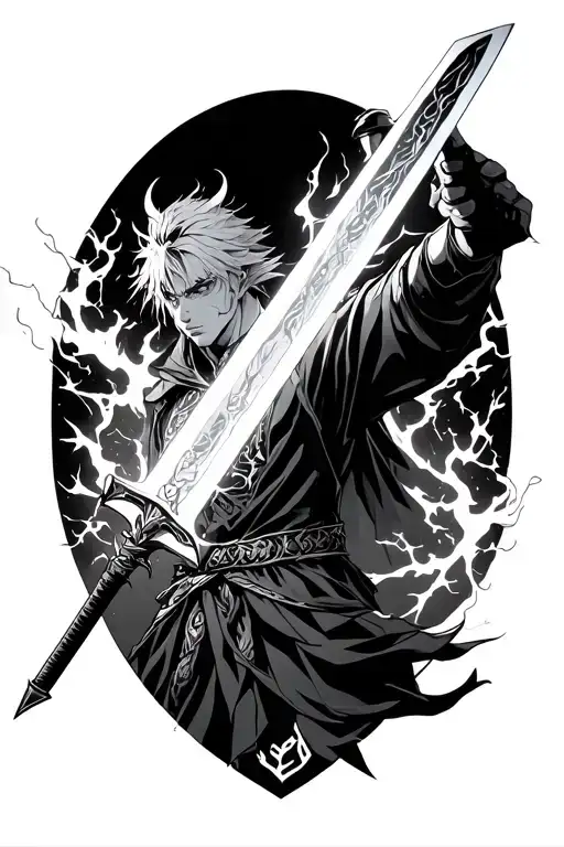 zenitsu from demon slayer holding is sword about to unleash thunder breathing+metamorphosis+geometric+greek tattoo design idea