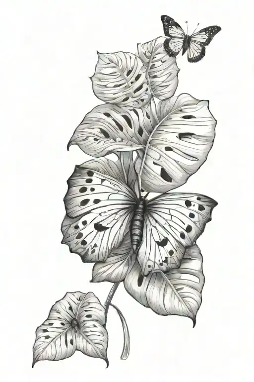 monstera deliciosa leaf with a butterfly tattoo design idea