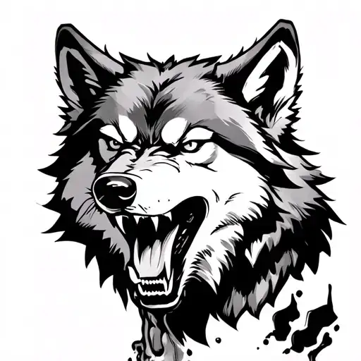 Wolf with his mouth open with an angry gesture and one of his legs coming out tattoo design idea