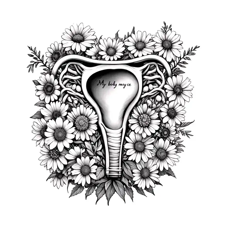 uterus or the idea of uterus made of wildflowers wrapped around wrist with hidden text ‘My body, my choice’ tattoo design idea