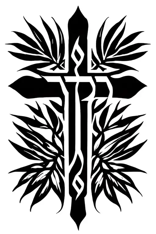cross, palms leaves and yeshua in hebrew text tattoo design idea