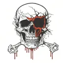 Broken Skull no jaw covered in blood with broken teeth leaking blood. Satanism  tattoo design idea