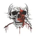 Broken Skull no jaw covered in blood with broken teeth leaking blood. Satanism  tattoo design idea