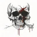Broken Skull no jaw covered in blood with broken teeth leaking blood. Satanism  tattoo design idea