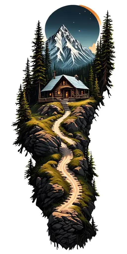 Mountain cabin and trail winding road leading its pack tattoo design idea