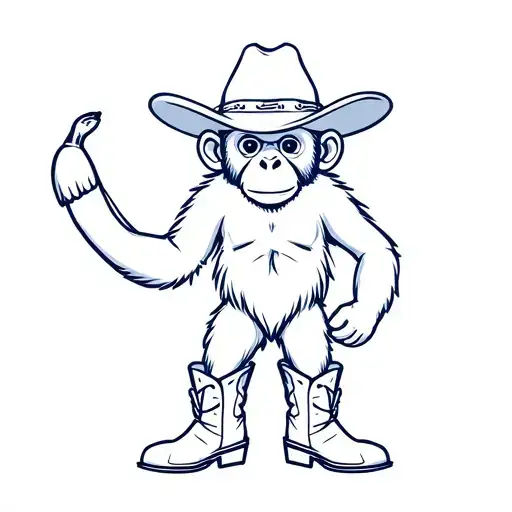 monkey in cowboy hat and cowboy boots holding banana clipart blue linear tattoo design idea