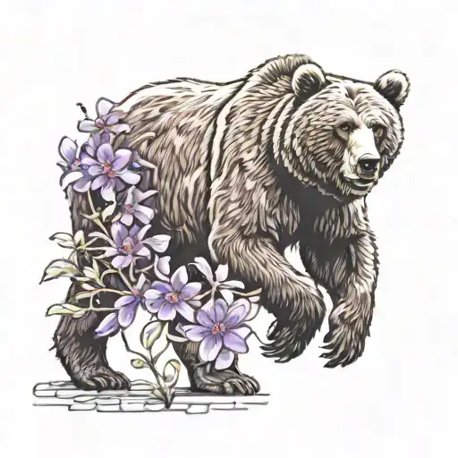 brown bear walking carrying a purple flower in its mouth tattoo design idea