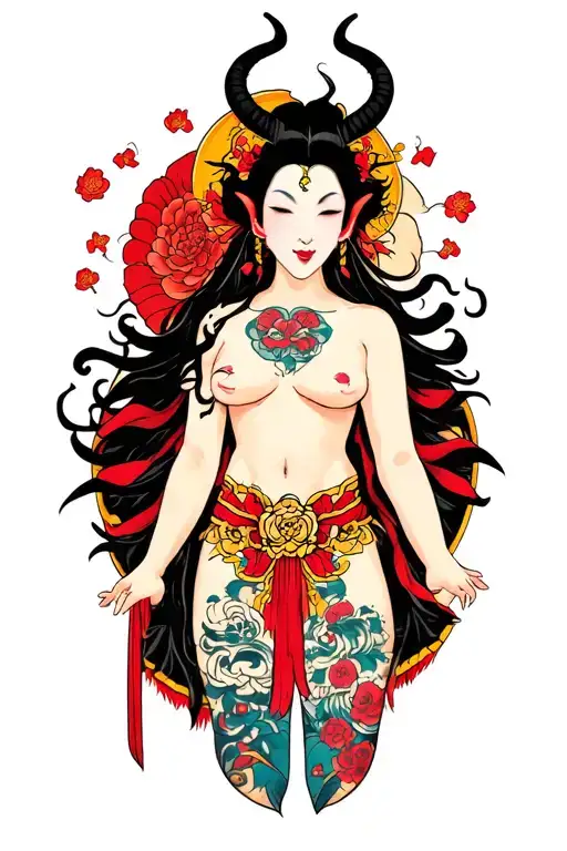 Japanese, devil, with body tattoo design idea