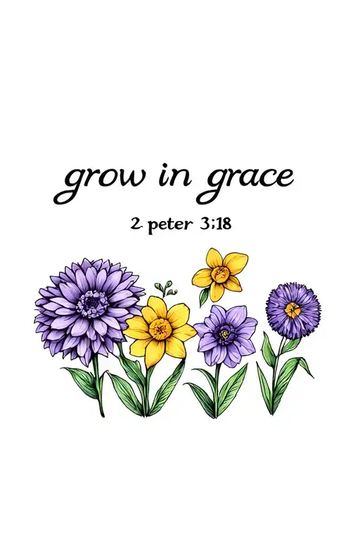 says "grow in grace - 2 peter 3:18" that includes a chrysanthemum, a daffodil, a marigold, and a violet tattoo design idea