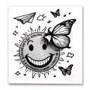 sticker sleeve tattoo feature smiley face, paper airplane, butterfly, sun, and encouraging words tattoo design idea