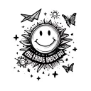 sticker sleeve tattoo feature smiley face, paper airplane, butterfly, sun, and encouraging words tattoo design idea