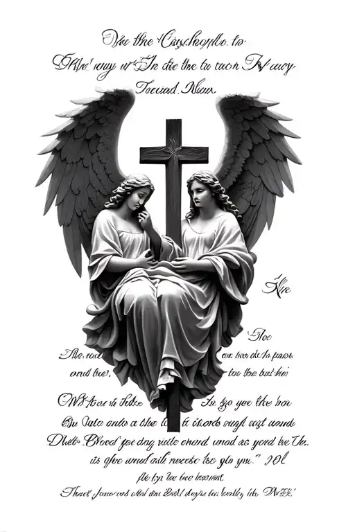 angels with a cross in the middle with a Bible verse  tattoo design idea