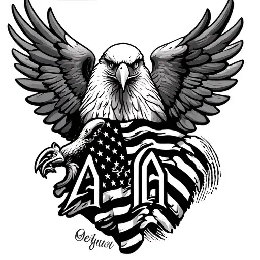 "ATA" dad's initials ATA with fingerprint and bald eagle and American flag tattoo design idea
