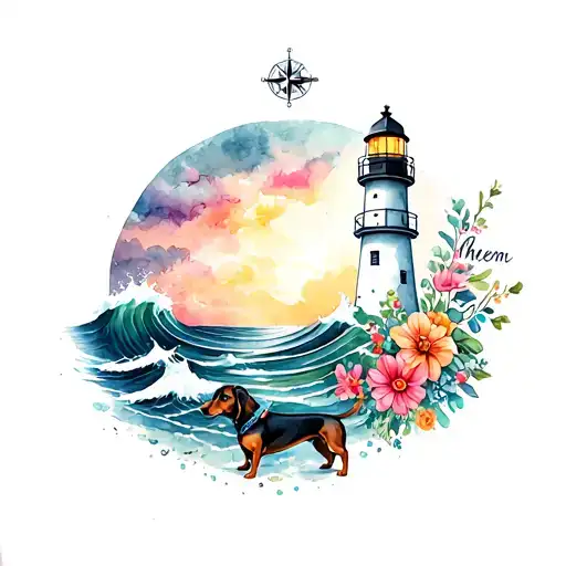 lighthouse with waves crashing, compass, flowers, dachshund, and "let them" tattoo design idea