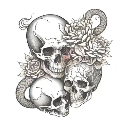 A tattoo design of a couple, each with a skull and snake motif intertwined with peony flowers, representing their shared love for the macabre and beauty in life tattoo design idea