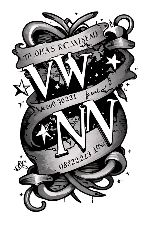 nautical elements like a map or stars with initials "W" and "N" and numbers 08032021 and 09222023 tattoo design idea