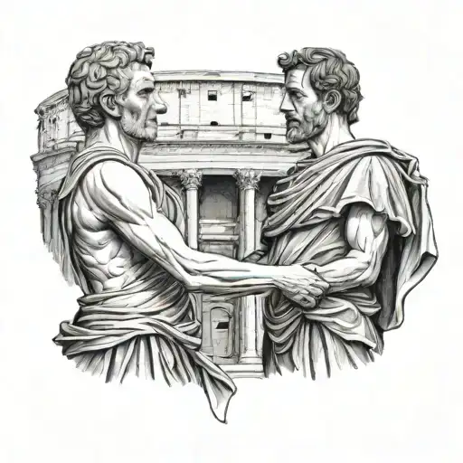 julius caesar and marcus aurelius standing infront of the Colosseum tattoo design idea