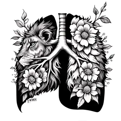 A fine line tattoo of lungs, with one half morphing into a lion and the word 'YHWH' intricately woven, with flowers tattoo design idea