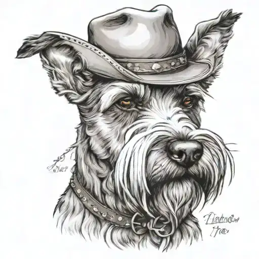 salt and pepper schnauzer with cowboy hat and brown eyes and a collar looking to the side with western background tattoo design idea