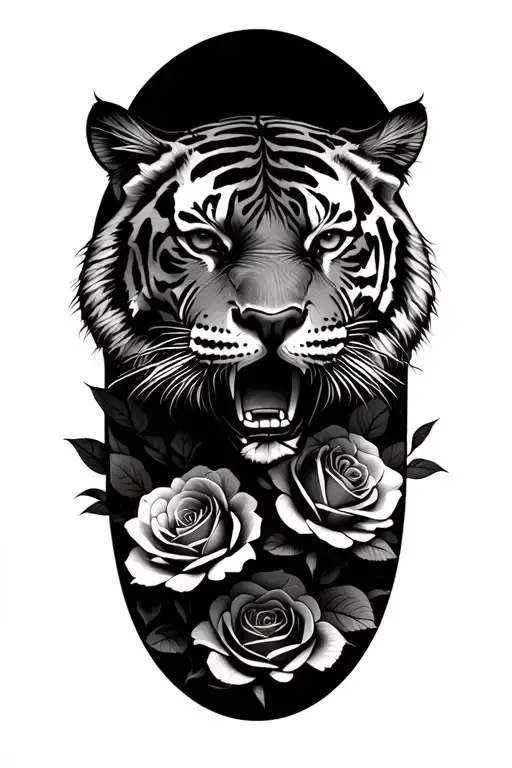 jungle of roses with a tiger emerging tattoo design idea