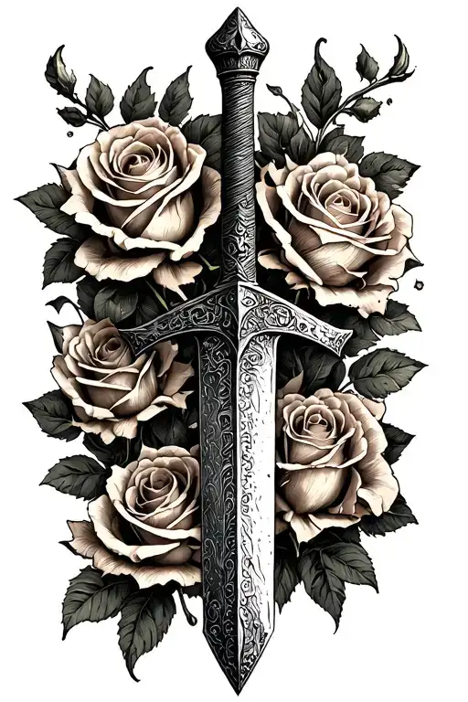 viking Dagger with old engraving " Борьба за выживание " surounding dryed up torn roses tattoo design idea